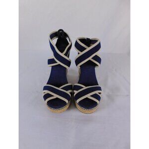 Tory Burch Shoes Womens Size 8.5 Blue Espadrille Wedge Sandals Strappy Striped